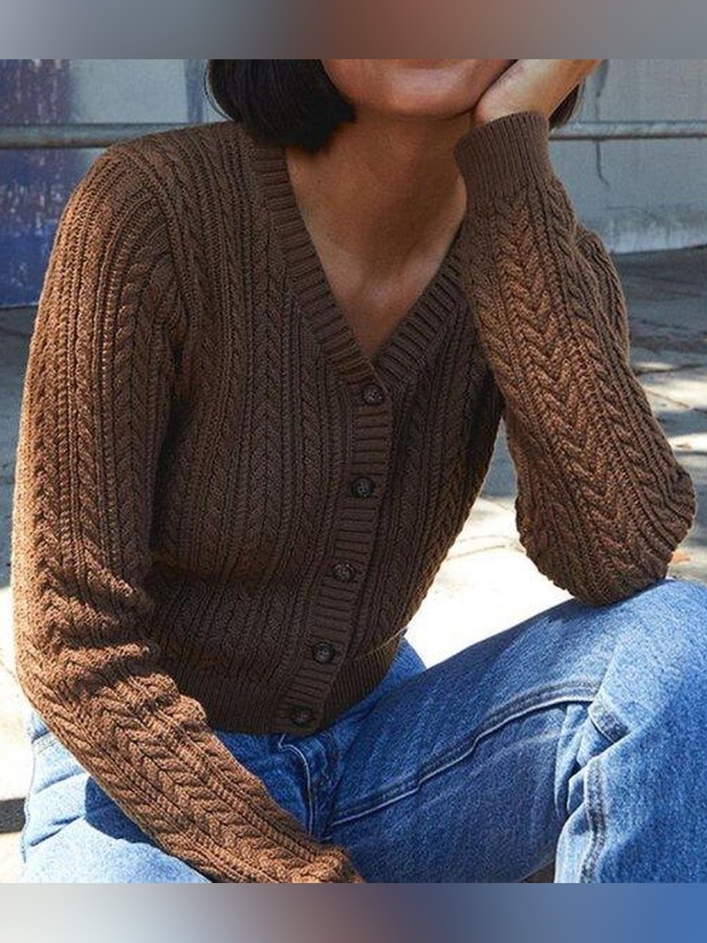 Brandy Melville Brown Cable Knit V-Neck Button Front Cardigan Sweater